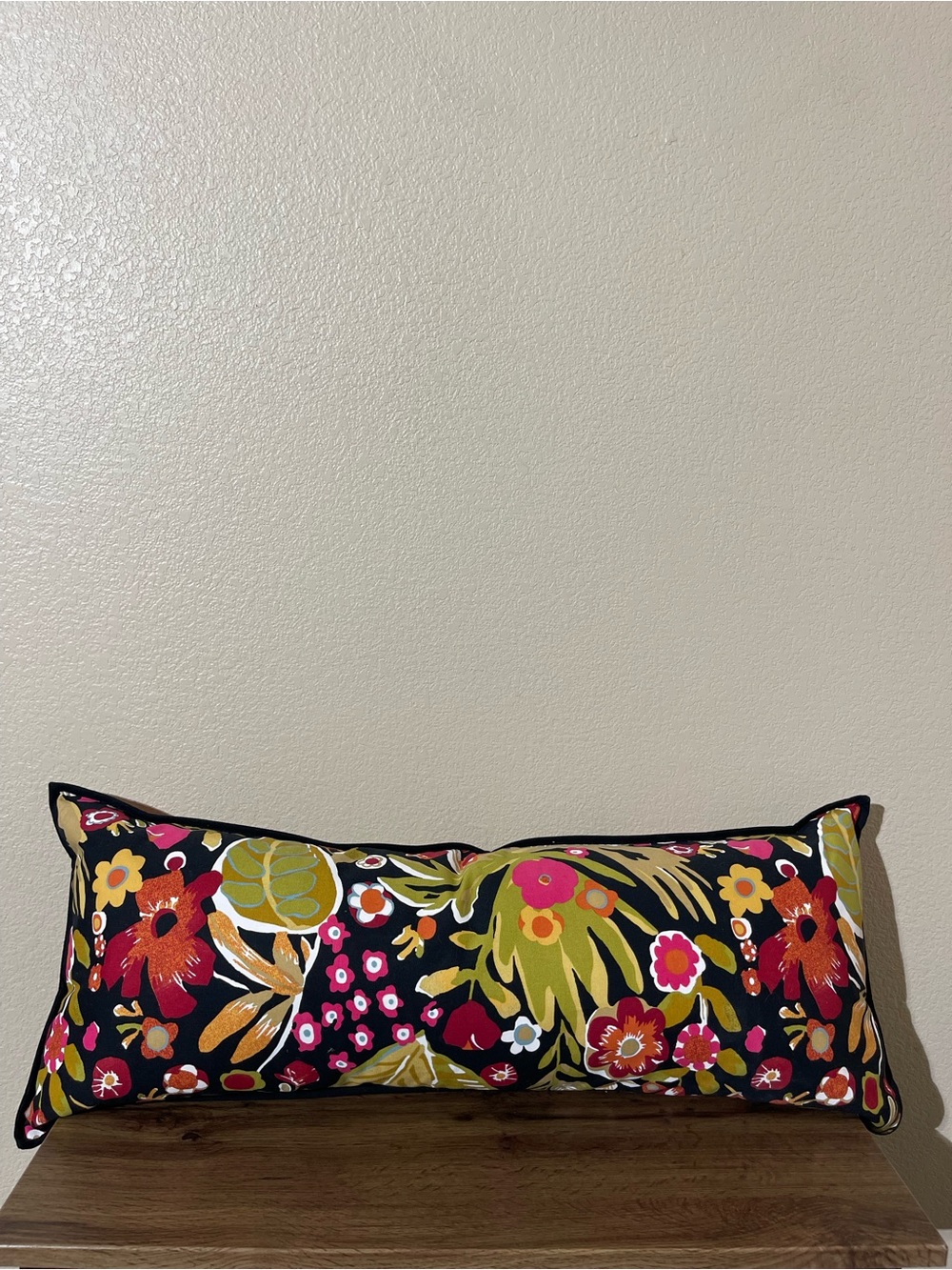 Floral Black Lumbar Pillow with Pink & Orange Accents